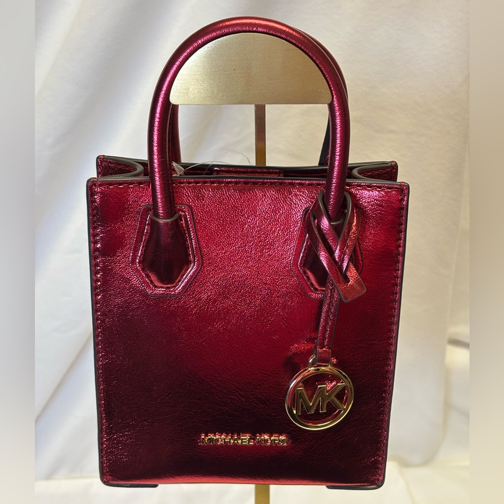NWT Michael Kors Festive Metallic Crimson Red Mercer XS Handbag / Shoulder Bag